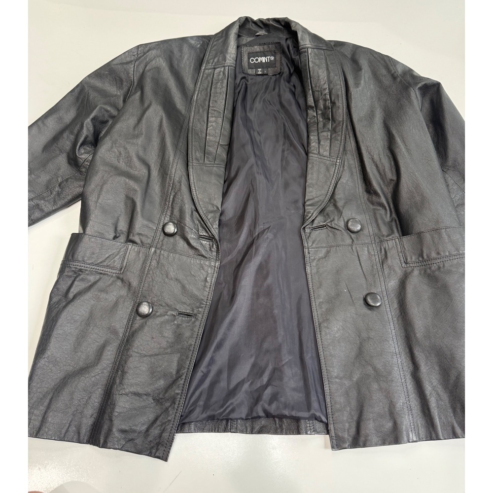 Comint Vintage Black Genuine Leather Jacket Double Breasted Blazer Large